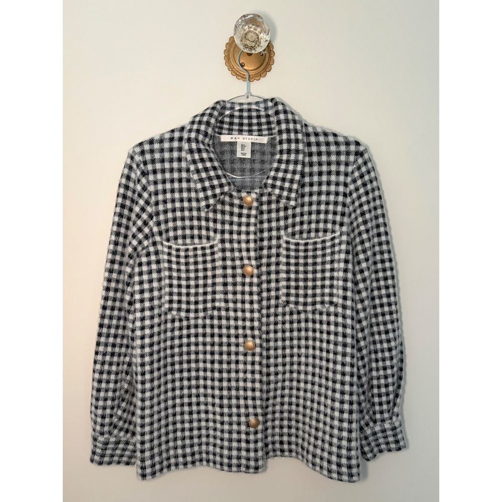 Max Studio Womens Black White Gingham Knit Shacket Gold Button Shirt Jacket S